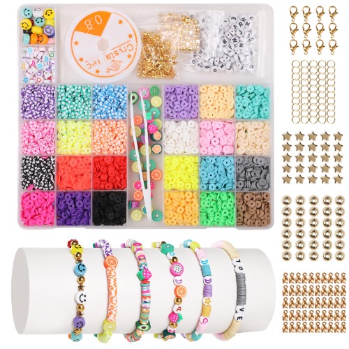 WD&CD 24 Colors Clay Beads for Bracelet Jewellery Making, 6mm Polymer Clay Beads, Clay Beads Bracelet Kits for DIY Friendship Bracelet Making, Comes with Letter, Fruit, Star, Moon Beads and Tweezers
