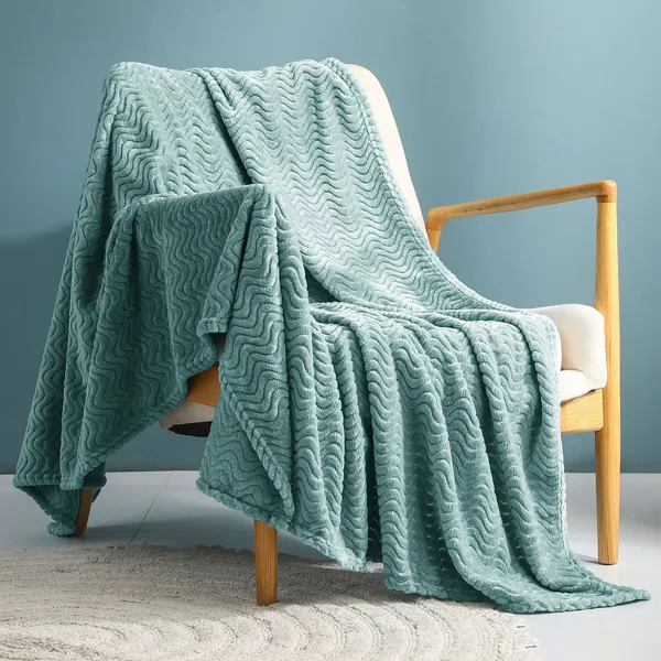 Exclusivo Mezcla Large Flannel Fleece Throw Blanket, Jacquard Weave Wave Pattern (50" x 70", Celadon) - Soft, Warm, Lightweight and Decorative - Celadon 50x70 IN