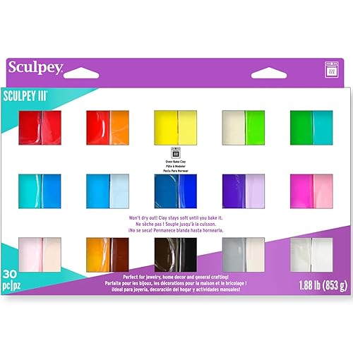 Sculpey III 30 Vibrant Colors of Polymer Oven-Bake Clay, Non Toxic 1.88 lbs., great for modeling, sculpting, holiday, DIY, mixed media and school projects. Great for all skill levels. - Single Pack