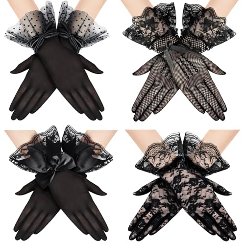 BOARDFEB 4 Pairs Lace Gloves Women Elegant Short Gloves Tea Party Gloves Vintage Gloves Summer Gloves for Women Girls - Black