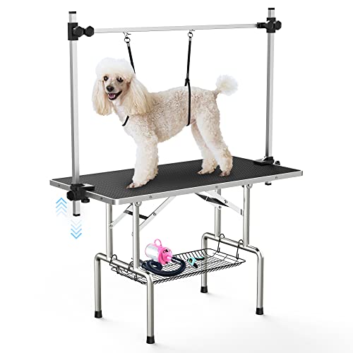 Lyromix 46''Large Dog Grooming Table, Adjustable Cat Drying Desktop with Arms, Nooses, Mesh Tray, Foldable Pet Station at Home, Maximum Capacity Up to 330Lb, 36inch, Black - 36in - Black