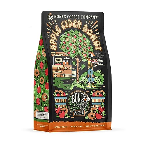 Bones Coffee Company Apple Cider Donut Whole Coffee Beans | 12 oz Flavored Coffee Gifts Low Acid Medium Roast Gourmet Coffee Beverages (Whole Bean) - Apple Cider Donut (Whole Bean)