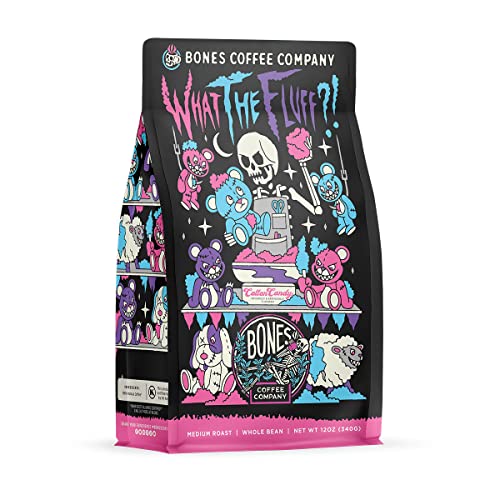 Bones Coffee Company What the Fluff?! Berry Cotton Candy | 12 oz Whole Coffee Beans Flavored Coffee Gifts | Low Acid Medium Roast Gourmet Coffee Beverages (Whole Bean) - Berry Cotton Candy (Whole Bean)
