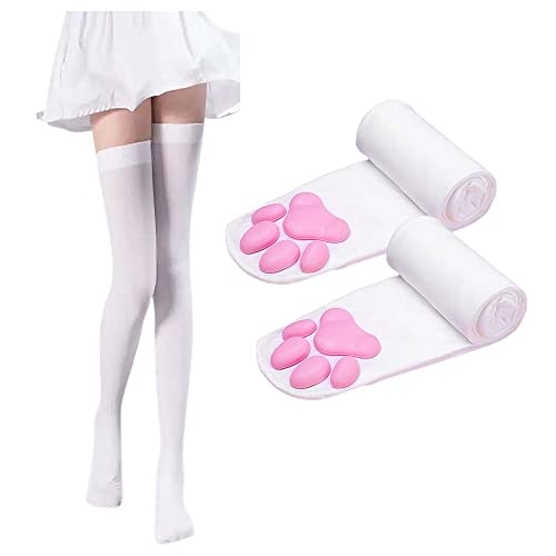 Pink Cat Paw Pad Thigh High Socks - White