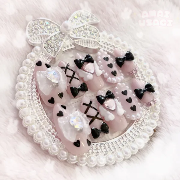 classic pink and black jirai style ribbon presson nails - japanese gel, douyin ryousangata jirai kei style