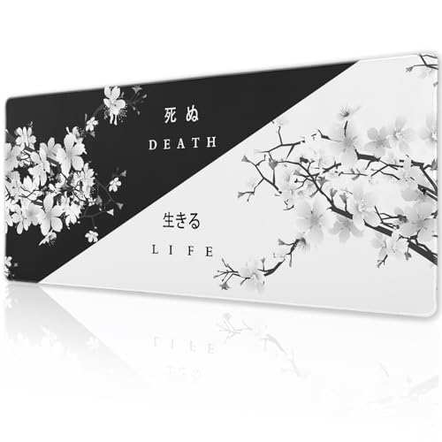 Black White Cherry Blossom Gaming Mouse Pad XL 31.5×11.8 in Japanese Sakura Life Death Floral Extended Mousepad 30X80cm with Non-Slip Rubber Base Stitched Edge Large Desk Mat for Gamer Office Home - Death Life - X-Large