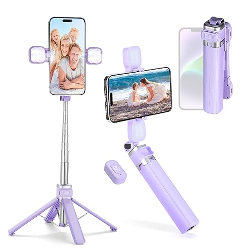 Mini iPhone Tripod Stand,MQOUNY 38" Phone Tripod &Selfie Stick with Wireless Rechargeable Remote & Removable Light, Extendable Tripod Stand 360 Rotation Compatible with iPhone&Android Samsung (Purple) - Purple
