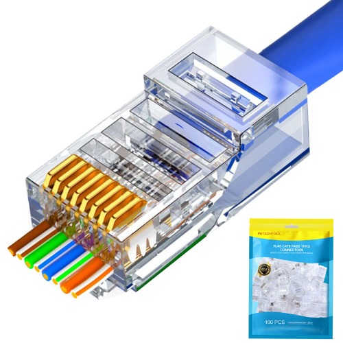 PETECHTOOL RJ45 Cat6 Cat5 Connector Ends Gold Plated 8P8C Ethernet Pass Through Plug(100Pack) - 100pieces