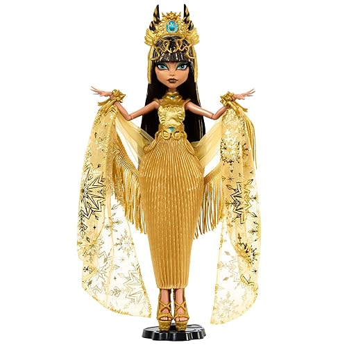Monster High Howliday Puppe, Winteredition Cleo De Nile Sammelfigur im goldenen Kleid mit glänzenden Accessoires und schimmerndem Fransenschal, HXJ00, [Mehrfarbig]
