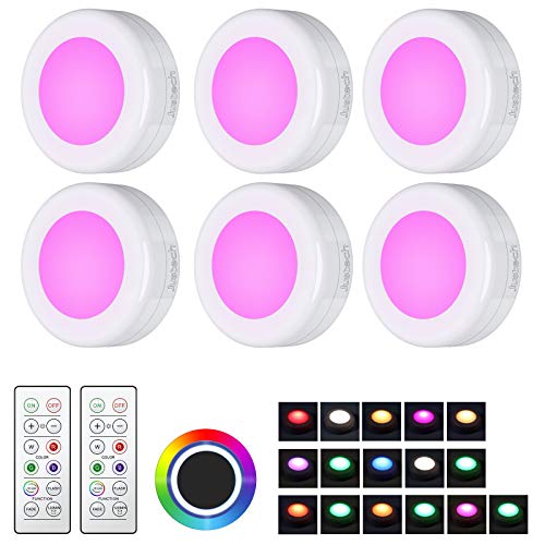 Justech 6PCs Under Cabinet Lights 16 Colors RGB Wireless LED Puck Lights Color Changing Night Light for Home Kitchen Closet
