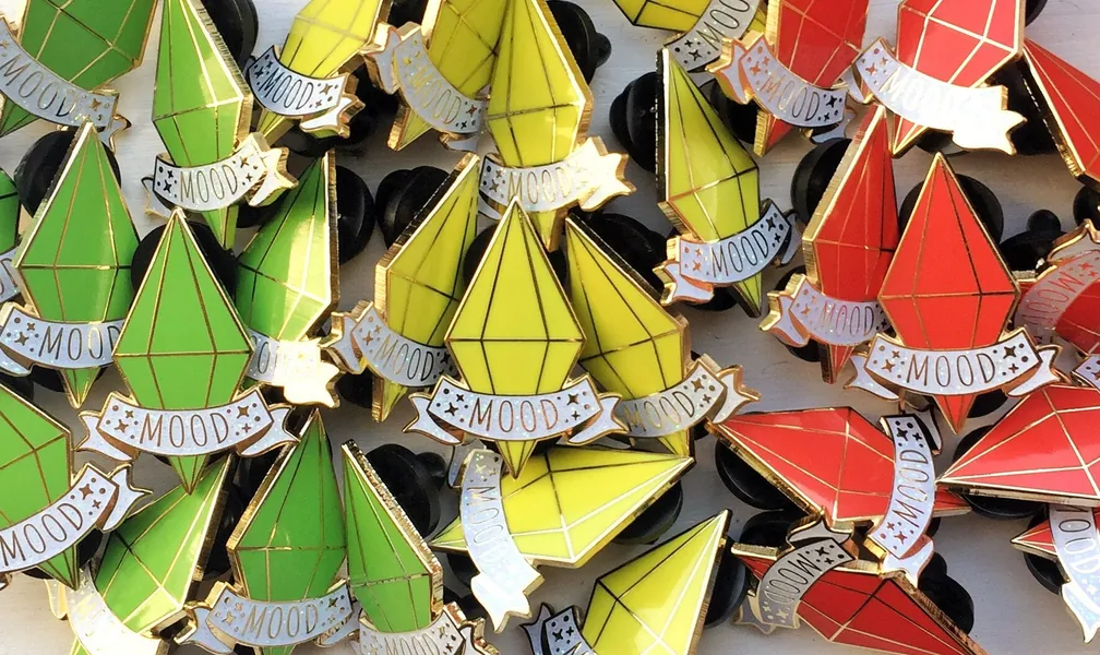 The Sims Mood enamel pins with glitter - green, yellow and red plumbob