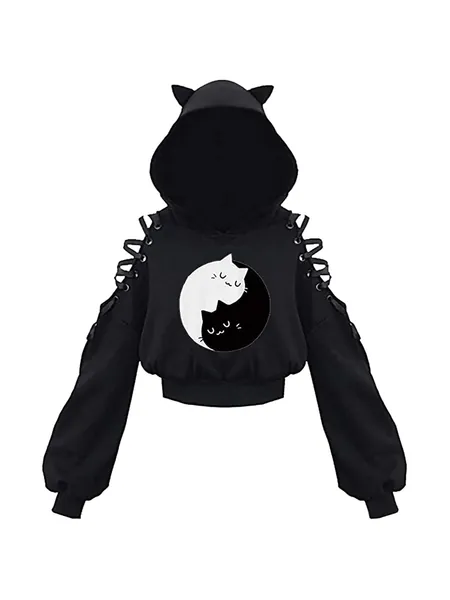 Loalirando Women's Cute Cat Ear Crop Top Oversized Hoodie Off Shoulder Hollow Out Long Sleeve Black Punk Gothic Sweatshirts