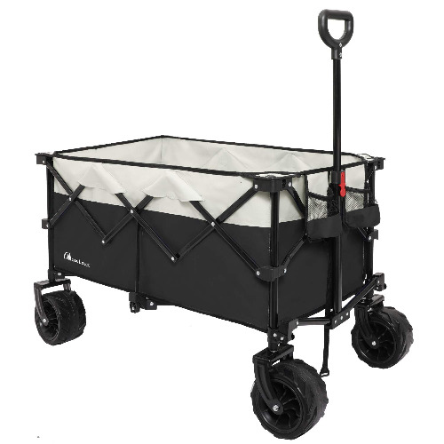 Moon Lence Collapsible Outdoor Utility Wagon Heavy Duty Folding Garden Portable Hand Cart with All-Terrain Beach Wagon ，Big Wheels, Adjustable Handle & Drink Holders - Large Black
