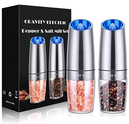 Gravity Electric Pepper Grinder, Salt and Pepper Mill & Adjustable Coarseness, Battery Powered with LED Light, One Hand Automatic Operation, Stainless Steel (Set/Silver) - Set/Sliver