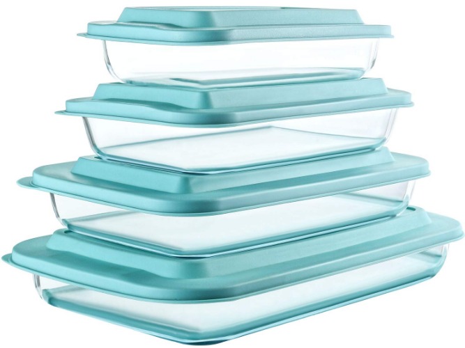 8-Piece Deep Glass Baking Dish Set with Plastic lids,Rectangular Glass Bakeware Set with BPA Free Lids, Baking Pans for Lasagna, Leftovers, Cooking, Kitchen, Freezer-to-Oven and Dishwasher, Green - Gray