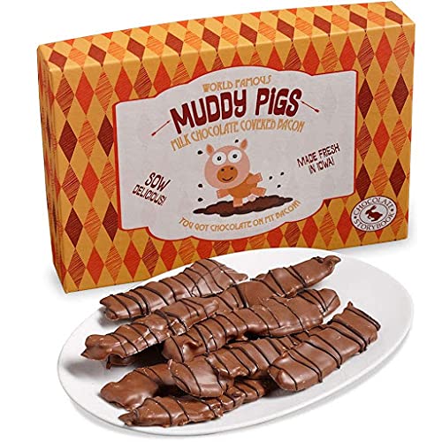 "Muddy Pigs" Chocolate Covered Bacon Strips - 7 Ounce Box - 12 Hickory Smoked Bacon Strips - Gourmet Artisan Chocolates Made Fresh in Iowa