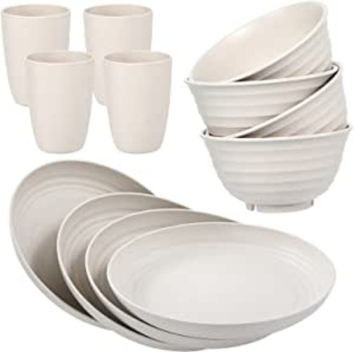 12pcs Plastic Wheat Straw Dinnerware Sets, Wheat Straw Plates and Bowls Sets for 4 Microwave Dishwasher Safe Lightweight - Beige