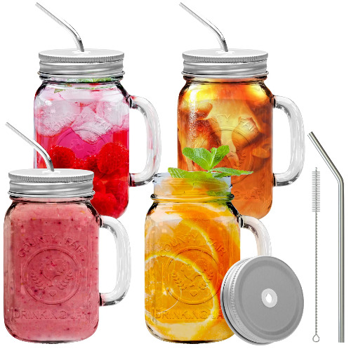 brimley 16oz Glass Mason Jar with Lid and Straw Set of 4 - Mason Jars with Handle for Cold Drinks - Glass Mason Jars with Metal Mason Jar Lids with Straw Hole and Stainless Steel Straws - Mason Jars