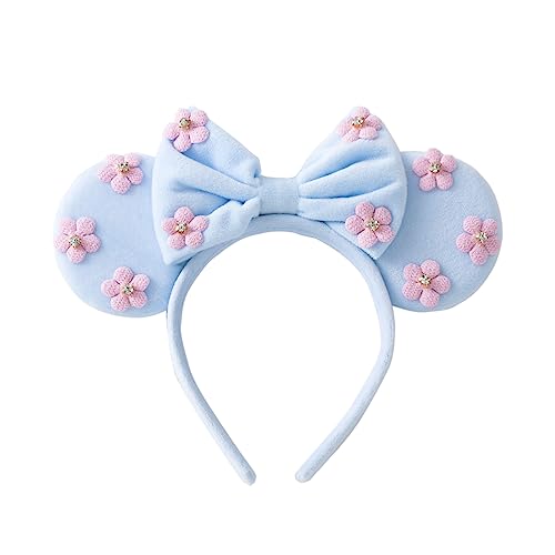 KARETT Pearl Mouse Ears Bow Headbands, Sparkle Minnie Ears Headband Glitter Hair Band for Party Princess Decoration Cosplay Costume Sky Blue - Sky Blue