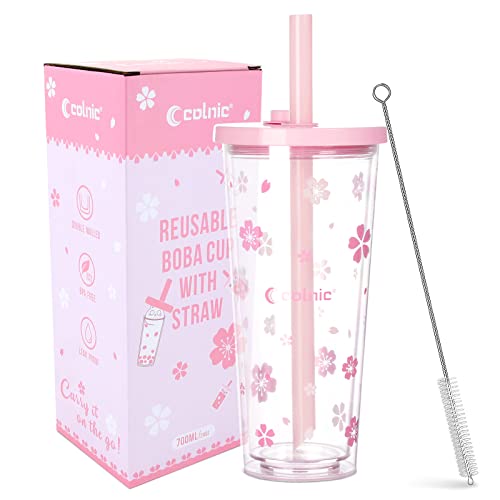 Colnic Reusable Boba Cup With Lids And Straws, 24Oz/700ml Smoothie /Iced Coffee Cup, Leakproof Kawaii Cup Tumbler With Boba Reusable Straw,Double Wall Clear Insulated Bubble Tea Cup - Pink