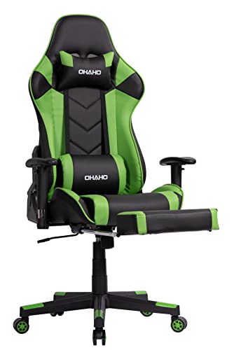 OHAHO Gaming Chair Racing Style Office Chair Adjustable Massage Lumbar Cushion Swivel Rocker Recliner High Back Ergonomic Computer Desk Chair with Retractable Arms and Footrest (Black/Green) - Black/Green