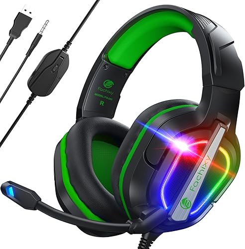 Fachixy FC200 PC Gaming Headset for PS4, PS5, Switch, Xbox One, Mac, Noise Canceling Headphones with Microphone, Computer Headset with 3.5mm Jack & RGB Light - GREEN - One Size - Wired