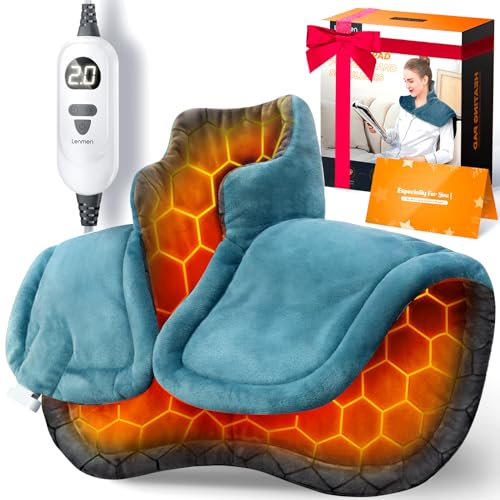 Lenmen Graphene-Infused Heating Pad 3X Deeper Pain Relief, Weighted Instant Heating Pads for Neck and Shoulders, Heated Wrap w/ 6 Heat Options 4 Auto-Off Timer, Gifts for Mom Women Christmas Birthday - Blue