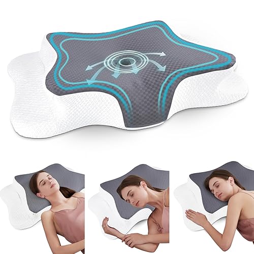 CHxxy Cervical Neck Pillow for Pain Relief Sleeping, Contour Memory Foam Pillows, Ergonomic Side Sleeper Pillows for Adults, Cooling Orthopedic Neck Support Pillow for Back Stomach Sleepers - Grey+white