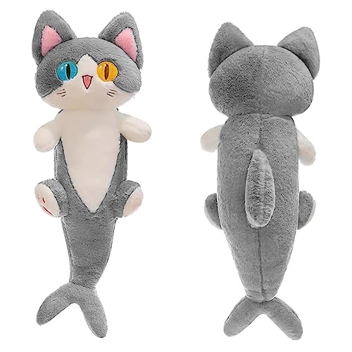 OOPSHANA Lovely Plush Shark Cat Doll Cute Cartoon Soft Stuffed Shark Kitten Pillow Long Throw Sleeping Pillow Doll Toy Gift for Kids Girlfriend,19.7/33/53Inches - Gray - 80CM