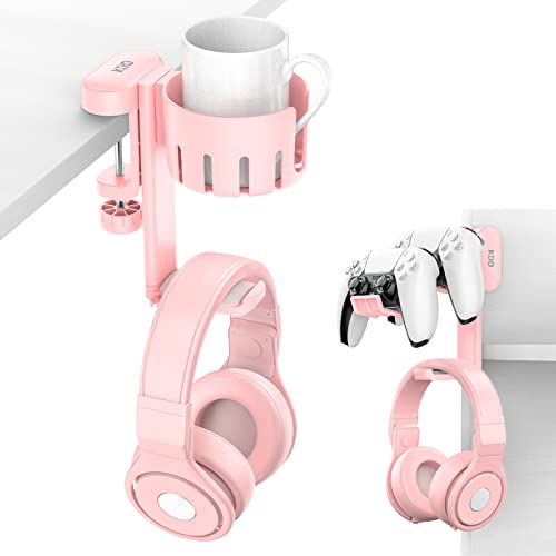 KDD Rotatable Headphone Hanger - 3 in 1 Under Desk Clamp Controller Stand Replaceable Cup Holder - Compatible with Universal Headset, Controller, Cup(Pink) - Pink