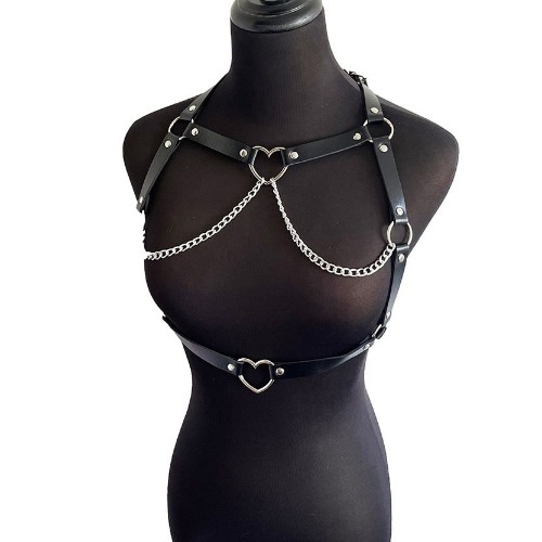 'Dark Love' Black Faux Leather Harness with Heart Detail & Chains