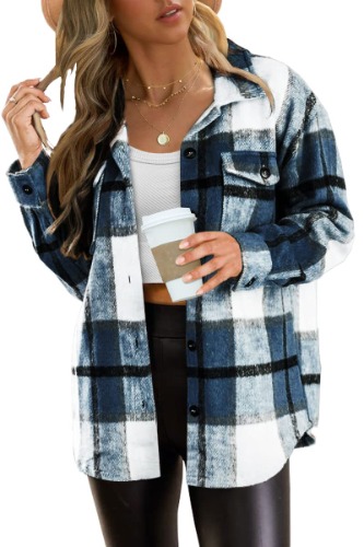 AUTOMET Womens Casual Plaid Shacket Wool Blend Button Down Long Sleeve Shirt Fall Jacket Shackets - Grey XX-Large