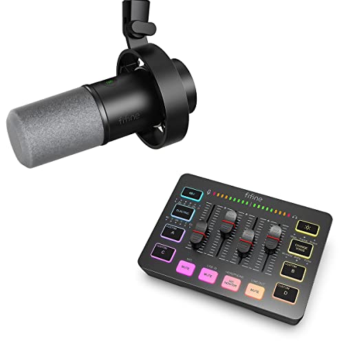 FIFINE XLR/USB Dynamic Microphone and Gaming Audio Mixer Streaming 4-Channel RGB Mixer with XLR Microphone Interface,48V Phantom Power on PC,Mac，for Game Voice，Podcast, Recording, YouTube（K688+SC3）