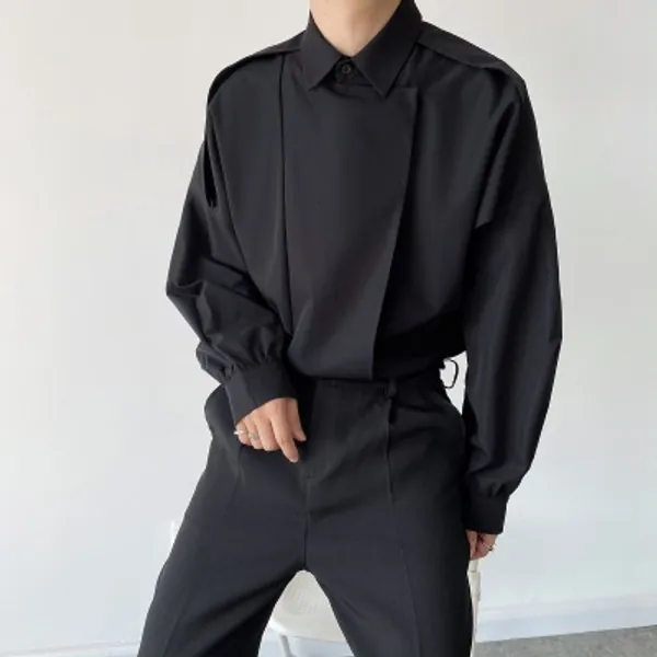 27.29US $ 22% OFF|Men Folded Long Sleeve Niche Fashion Long Sleeve Loose Casual Shirts Men's Korean Japanese Harajuku Streetwear Shirt Tops Male - Shirts - AliExpress