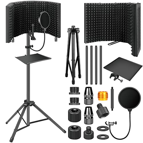 Dmsky Microphone Isolation Shield with Pop Filter & Tripod Stand, Foldable Mic Shield with Triple Sound Insulation, High Density Mic Sound Shield for Recording Studio, Podcasts, Singing, Broadcasting - Stand-L