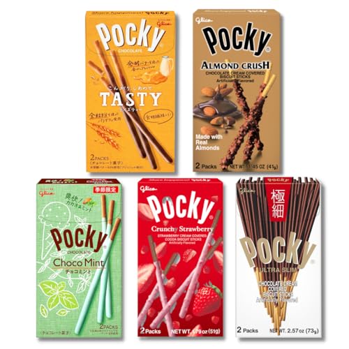 Glico Pocky Sticks (5 Packs/10.57oz) Japanese Snacks Variety Pack of 5 - Crunchy Strawberry, Chocolate Tasty, Ultra Slim, Almonds and Mint / Japanese imported limited edition
