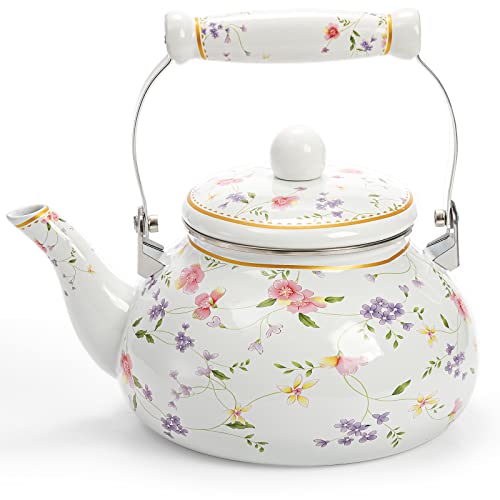 Jucoan Vintage Enamel Tea Kettle, 2.6 Quart Floral Enamel on Steel Water Kettle Teapot with Porcelain Handle for Stovetop, Home Kitchen Decor, Christmas New Year Housewarming Wedding Gfits for Friend