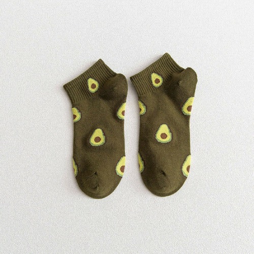Avocado Patterned Short Ankle Socks (Adult Medium - Women's Shoe Sizes 5-10) - Olive Green