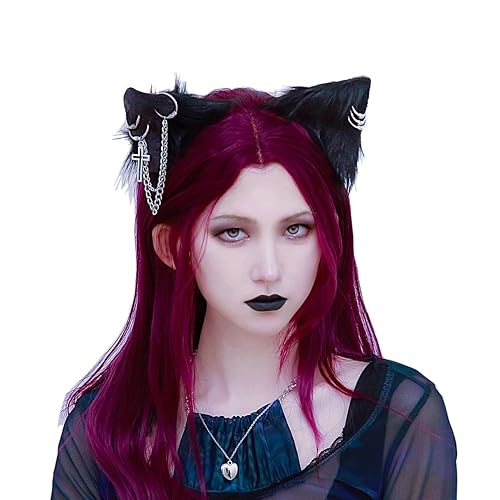 tyoungg Gothic Furry Cat Kitten Ear Clips Cosplay Kitten Play Petplay Fluffy Animal Ears with Ear Cuffs 2023 New Version - Punk Kitten Ears