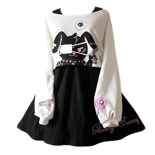 Cute Dress for Teens Girl Two Piece Set Bunny Prints Casual Cotton Dresses for Spring Autumn - Medium - Black White