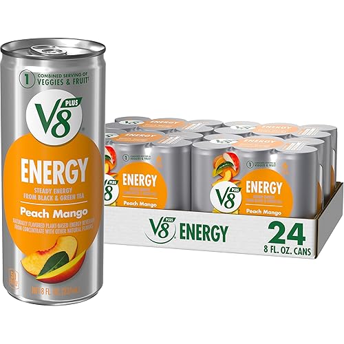 V8 +Energy Peach Mango Juice Energy Drink, 8 fl oz Can (24 Pack) - Peach Mango - 8 Fl Oz (Pack of 24)