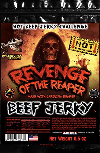 Revenge of Reaper Jurassic Jerky - HOTTEST Beef Jerky Hot Food Challenge! Made with the Carolina Reaper- the HOTTEST pepper on the planet! Can YOU handle the Reapers’s Revenge? (1) 1/2 oz bag - Revenge of Reaper