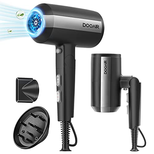 Professional Ionic Hair Dryer with Diffuser, DOOAIR Blow Dryer, Magnetic,Powerful Fast Dry,1875W,3 Heating/2 Speed/Cold Settings,Diffuser Hair Dryer,Blue-Black - Magnetic Folding Black