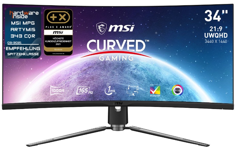 MSI ARTYMIS 343CQRDE 34 Inch 1000R Curved Gaming Monitor, 3440 x 1440 (UWQHD), 165 Hz, 1ms, AMD FreeSync Premium, VA, 21:9 Ultrawide, HDR400, Black - 34 Zoll 165 Hz UWQHD 3440x1440