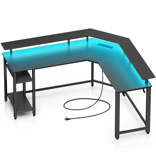 Rolanstar Computer Desk 55.1" with Power Outlets USB Ports & LED Strip,Reversible L Shaped Desk with Monitor Stand & Storage Shelf,L Shaped Gaming Desk with Hooks,Home Office Desk,Carbon Fiber - Carbon Black - 55.1*48*34.4 inch