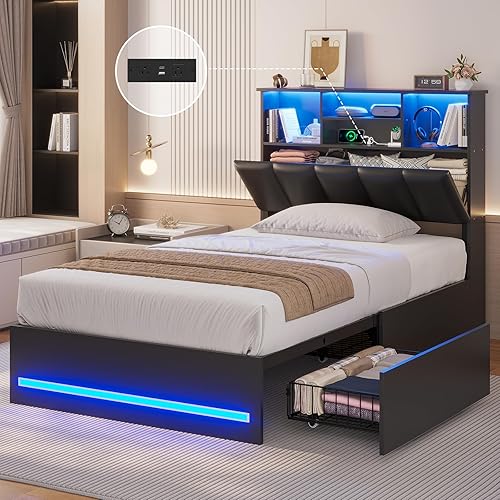 AOGLLATI Twin Bed Frame with 4 Storage Drawers & Charging Station & LED Lights, Twin Bed Frames with Stylish Bookcase Headboard, Led Bed Frame with Metal Slats, No Box Spring Needed,Black - Black - Twin