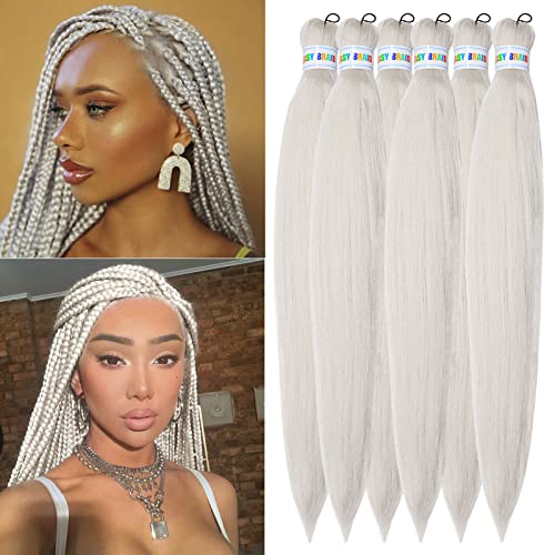 Silver Grey Braiding Hair Pre Stretched Kanekalon Braiding Hair 26inch Long Colored Pre Stretched Braiding Hair for Black Women (Silver Grey,6pack) - 26inch（Pack of 6） - Silver