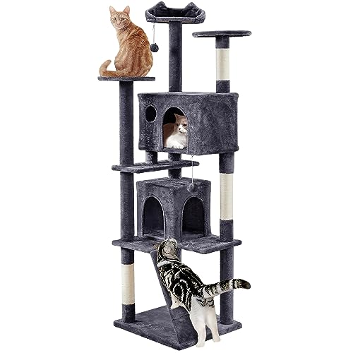 Yaheetech XL Cat Tree, 80in Multi-Level Cat Tower with Cat Scratching Posts, Double Cat Caves, Perched Platforms and Dangling Balls, Cat Stand House for Kittens Pet, Dark Gray - 80in - Gray