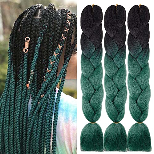 Jumbo Braiding Hair Fiber Silky Colorful Twist Braiding Hair 3pcs Black Green Colors Extensions Kanekalon Synthetic Hair Black Green Synthetic Fiber Soft Healthy (24 Inch 3pcs) - Black deep green
