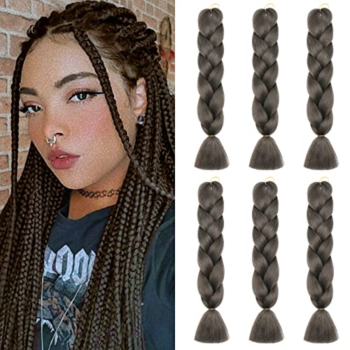Benehair Dark Grey Braiding Hair 6 Bundles/lot 24inch Jumbo Braiding Hair Extensions High Temperature Synthetic Braid Hair Braiding Hair Pre Stretched Braid Extensions - 24 Inch (pack of 6) - dark grey